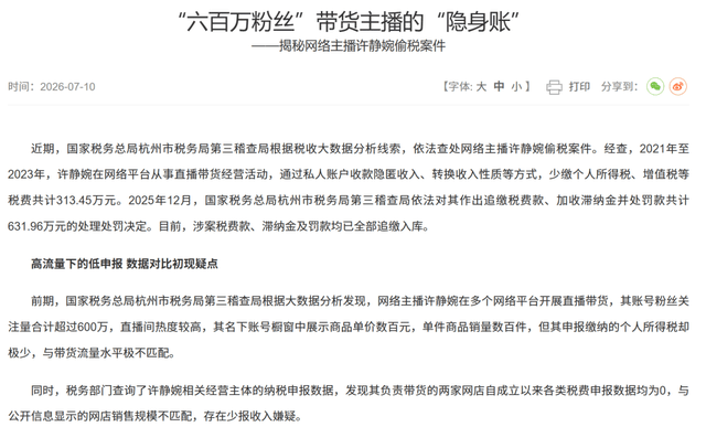 温婉春楠偷逃税被罚 官方未点名封号引热议